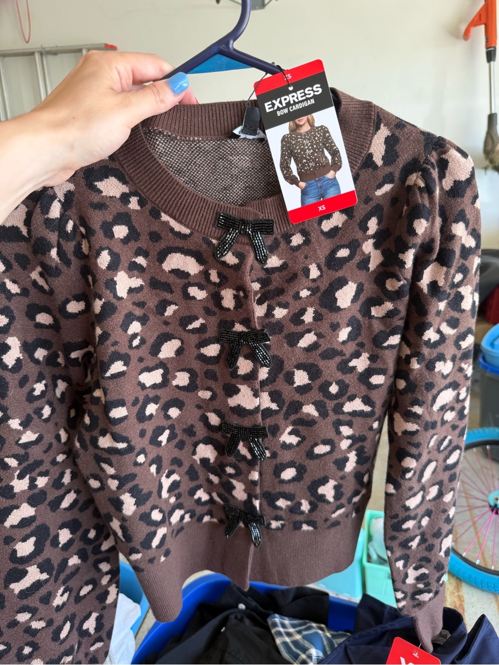 Express Leopard Bow-Front Cardigan in Brown and Cream